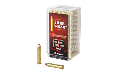 Box of Hornady .22 Magnum V-MAX bullets.