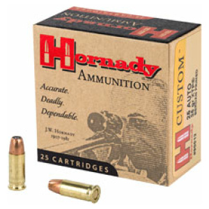Hornady ammunition box with bullets, 25 cartridges.