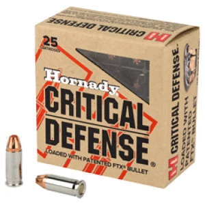Hornady Critical Defense ammunition box and bullets.