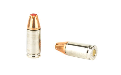 Two handgun hollow-point cartridges on white background