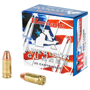 Hornady American Gunner ammunition box with cartridges.