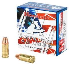 Hornady American Gunner ammunition box with cartridges.