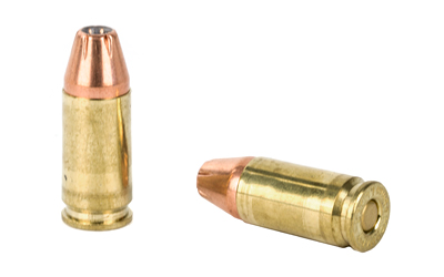 Two brass and copper bullets on white background.