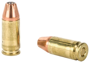 Two brass and copper bullets on white background.