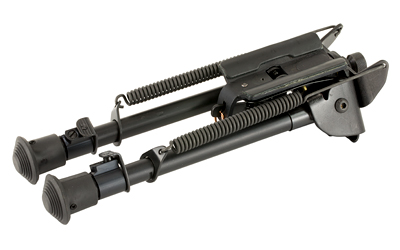 Black adjustable rifle bipod on white background