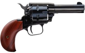 Black revolver with wooden grip on white background