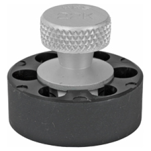 Round knob with black base and metal cap.