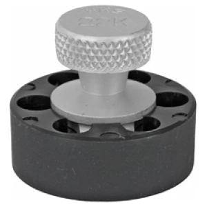 Round knob with black base and metal cap.