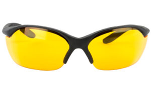 Yellow-tinted wraparound safety glasses with black frame