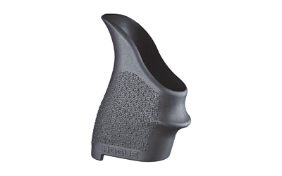Textured black firearm grip, ergonomic design.