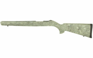 Camo-patterned rifle stock on white background