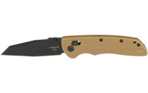 Black folding pocket knife with tan handle