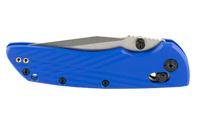 Closed blue folding pocket knife on white background