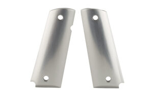 Stainless steel gun grip panels with holes.