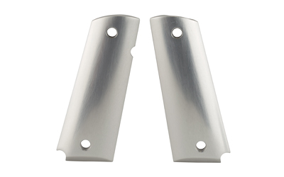 Stainless steel gun grip panels with holes.