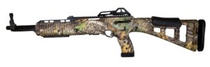 Camouflage-pattern rifle on white background