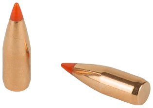 Two copper bullets with orange tips.