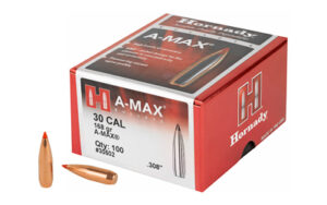 Hornady A-MAX .30 cal ammunition box and bullets