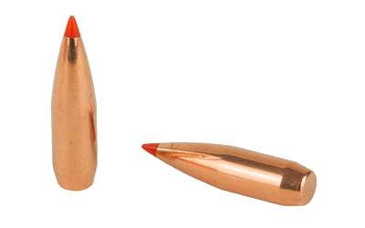 Two copper rifle bullets with red tips