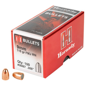 Hornady 9mm bullets box and two bullets