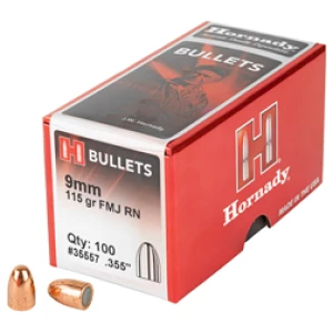 Hornady 9mm bullets box and two bullets