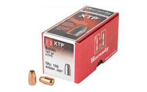 Hornady XTP 9mm ammunition box and bullets