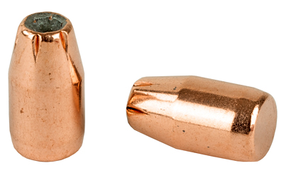 Two copper hollow-point bullets on white background