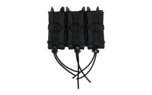 Black tactical triple magazine pouch with bungee cords