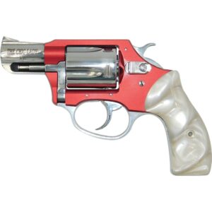 Red and silver snub-nose revolver with white grip