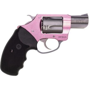 Pink and black revolver on white background.