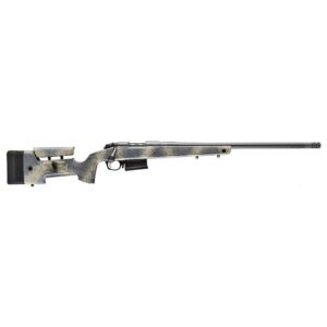 Bolt-action rifle with camouflage stock on white background