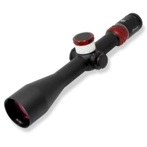 Riflescope with adjustment dials and lens.