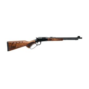 Lever-action rifle with wooden stock and black barrel.