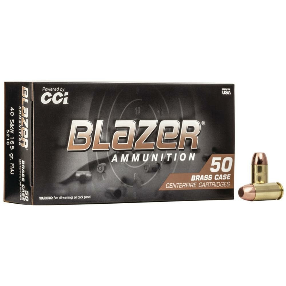 Blazer ammunition box with brass cartridges.