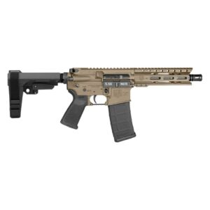 Tan and black rifle on white background.
