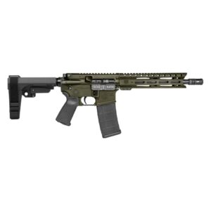 Olive green semi-automatic rifle with black stock.