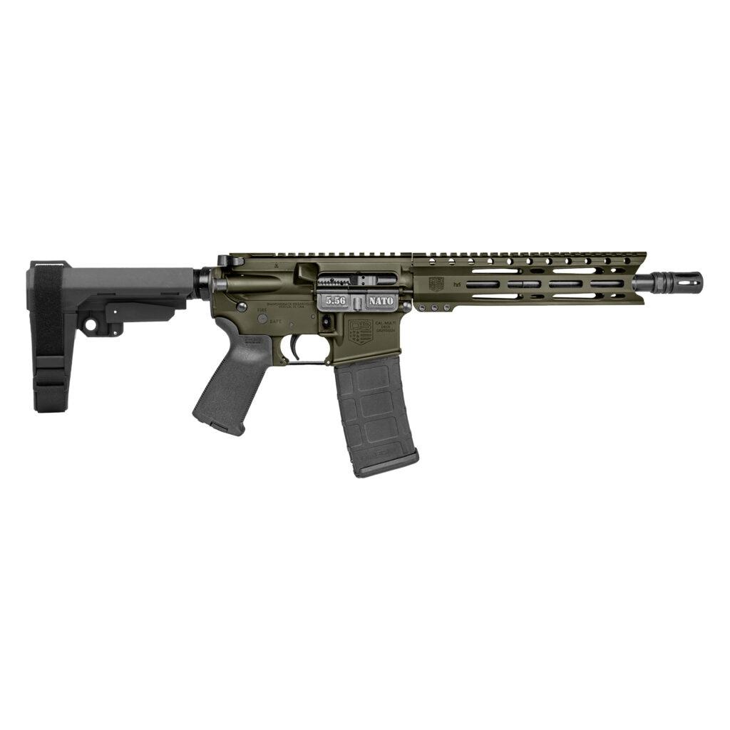Olive green semi-automatic rifle with black stock.