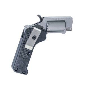Snub nose revolver with black handle and clip.