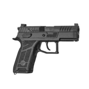 Black handgun on white background