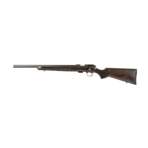 Wooden rifle with long barrel on white background.