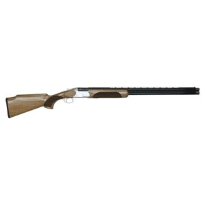 Double-barrel shotgun with wooden stock on white background