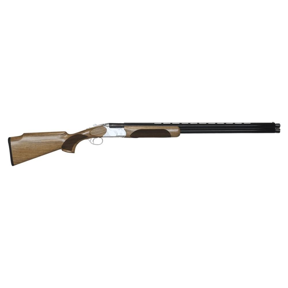 Double-barrel shotgun with wooden stock on white background