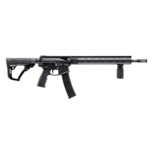 Modern black semi-automatic rifle on white background