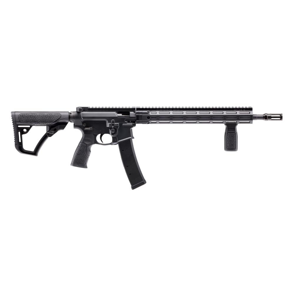 Modern black semi-automatic rifle on white background