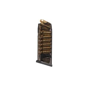Loaded ammunition magazine against white background.