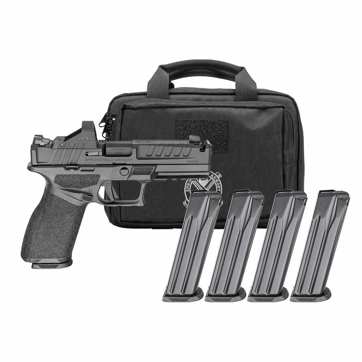 Handgun with carrying case and extra magazines.
