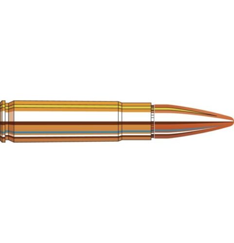 Illustration of a rifle bullet in profile view.