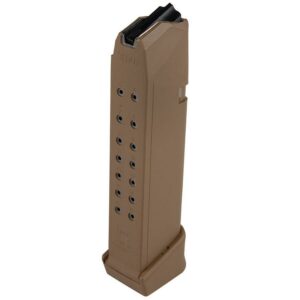 Tan 9mm pistol magazine, vertical view