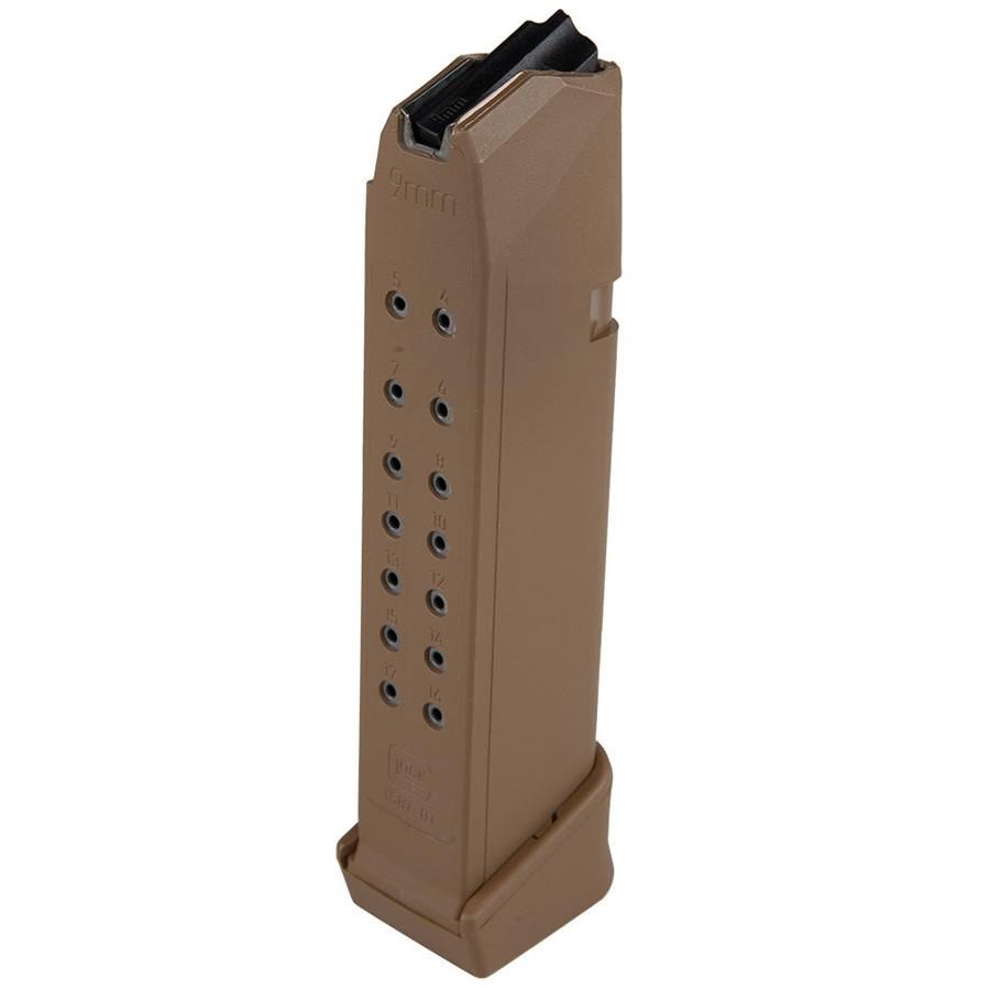 Tan 9mm pistol magazine, vertical view