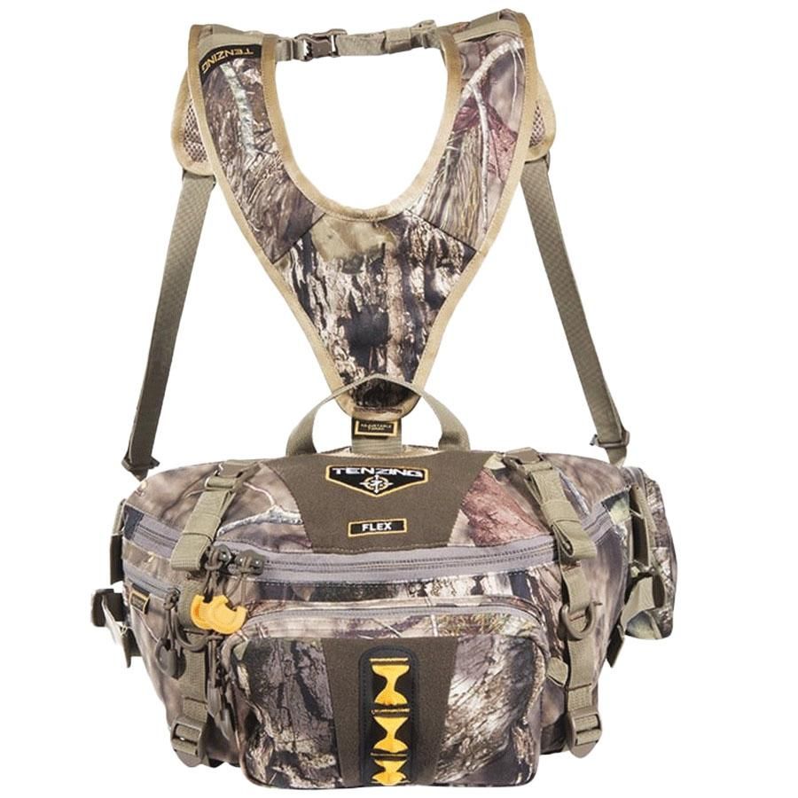 Camouflage hunting chest pack with harness straps